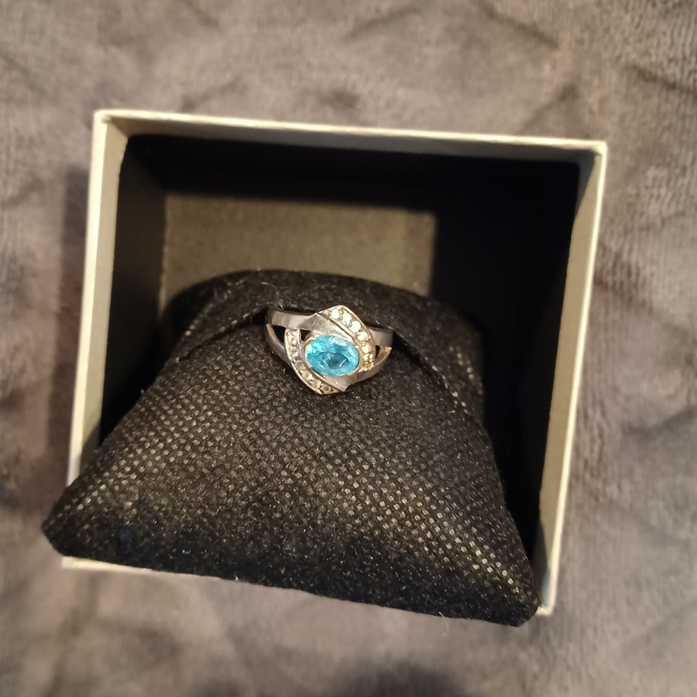 Neon Apatite and white topaz rhodium over sterling silver. Size 7.